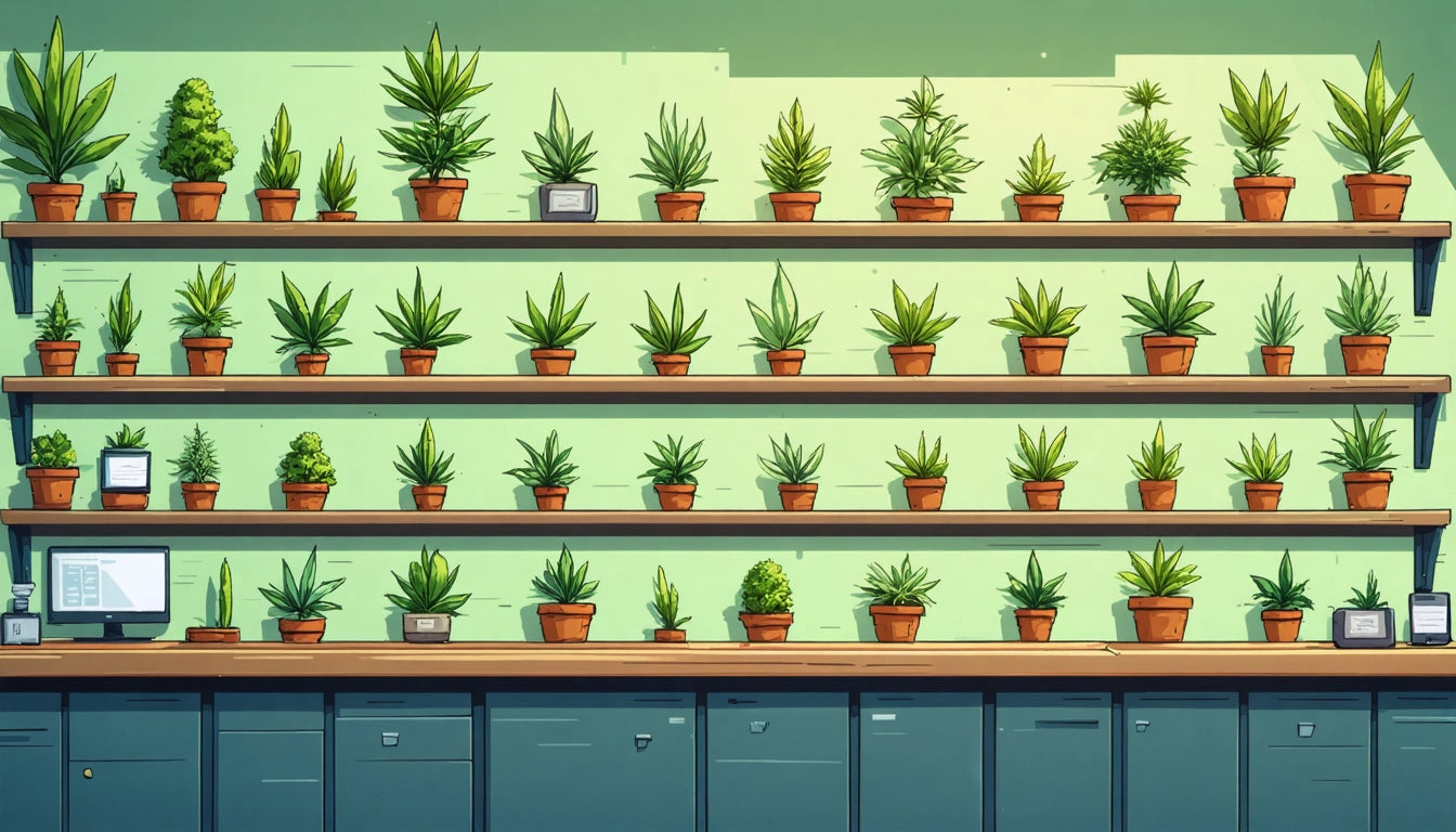 Four shelves with potted plants against a green wall, various sizes and shapes, digital screens on lower shelf