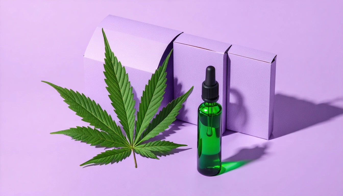 Green glass dropper bottle and cannabis leaf on purple surface with purple boxes in the background