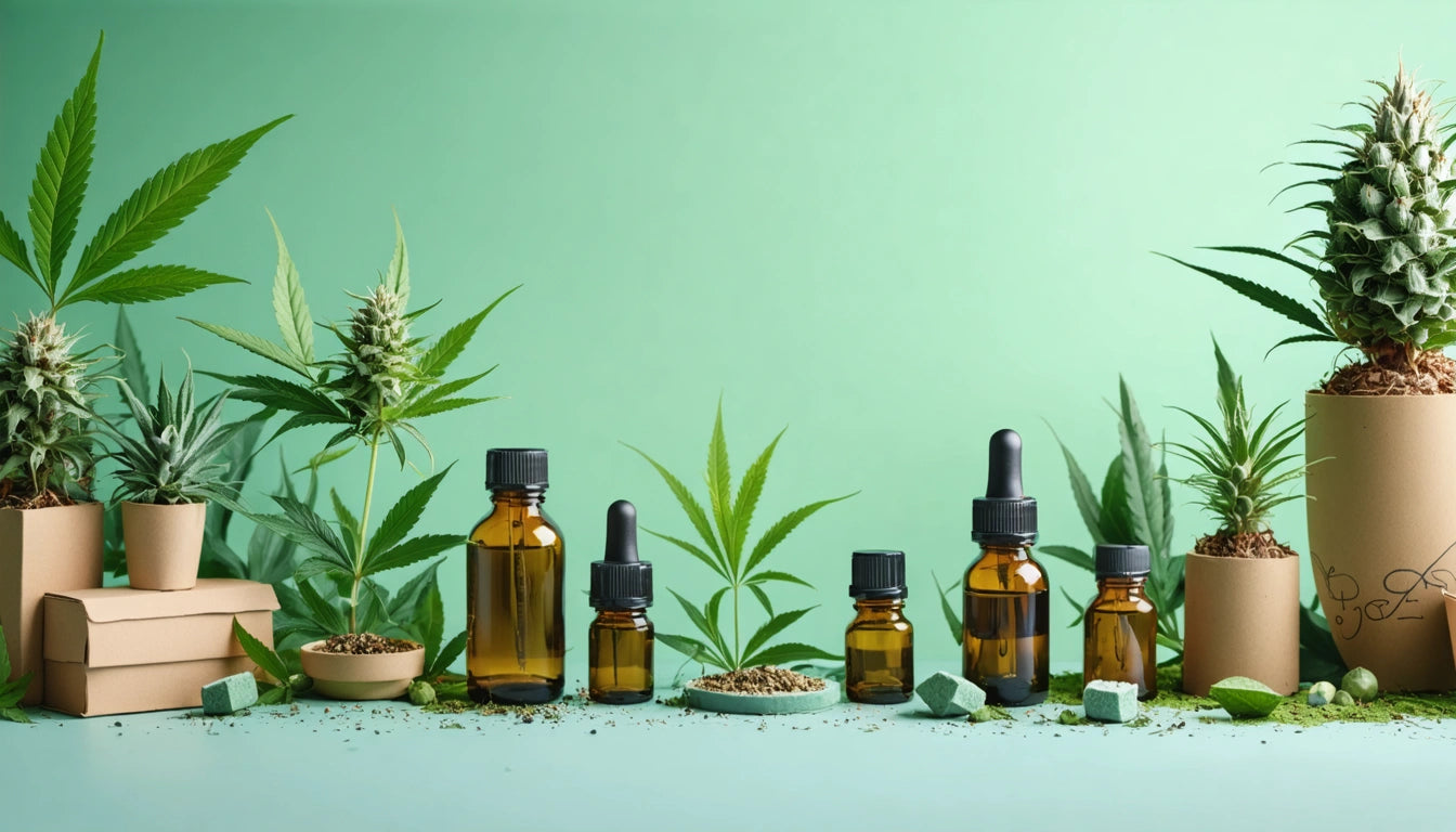Brown glass bottles with droppers, surrounded by cannabis leaves, seeds, and potted plants on a light green background