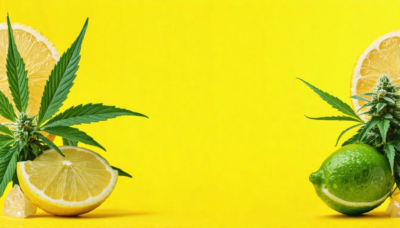Lemon slices and green leaves on left, lime and similar leaves on right, all against a bright yellow background