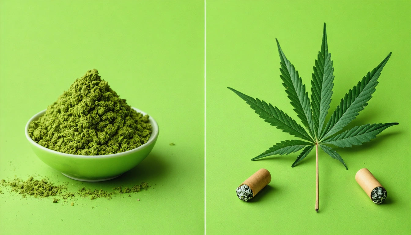 Green powder in a bowl on left; cannabis leaf and two joint tips on right, all on a bright green background