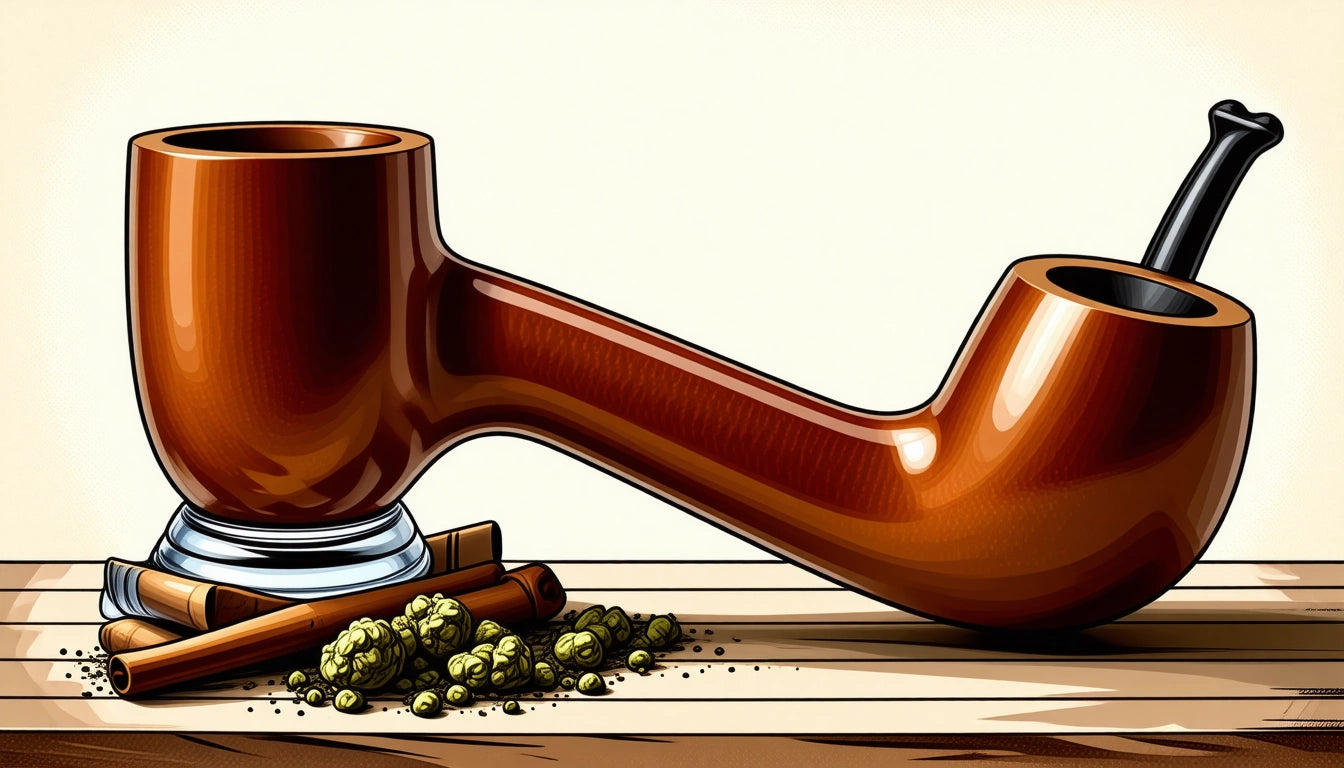 Brown wooden pipe with a black mouthpiece on a wooden surface, surrounded by small green buds and cinnamon sticks