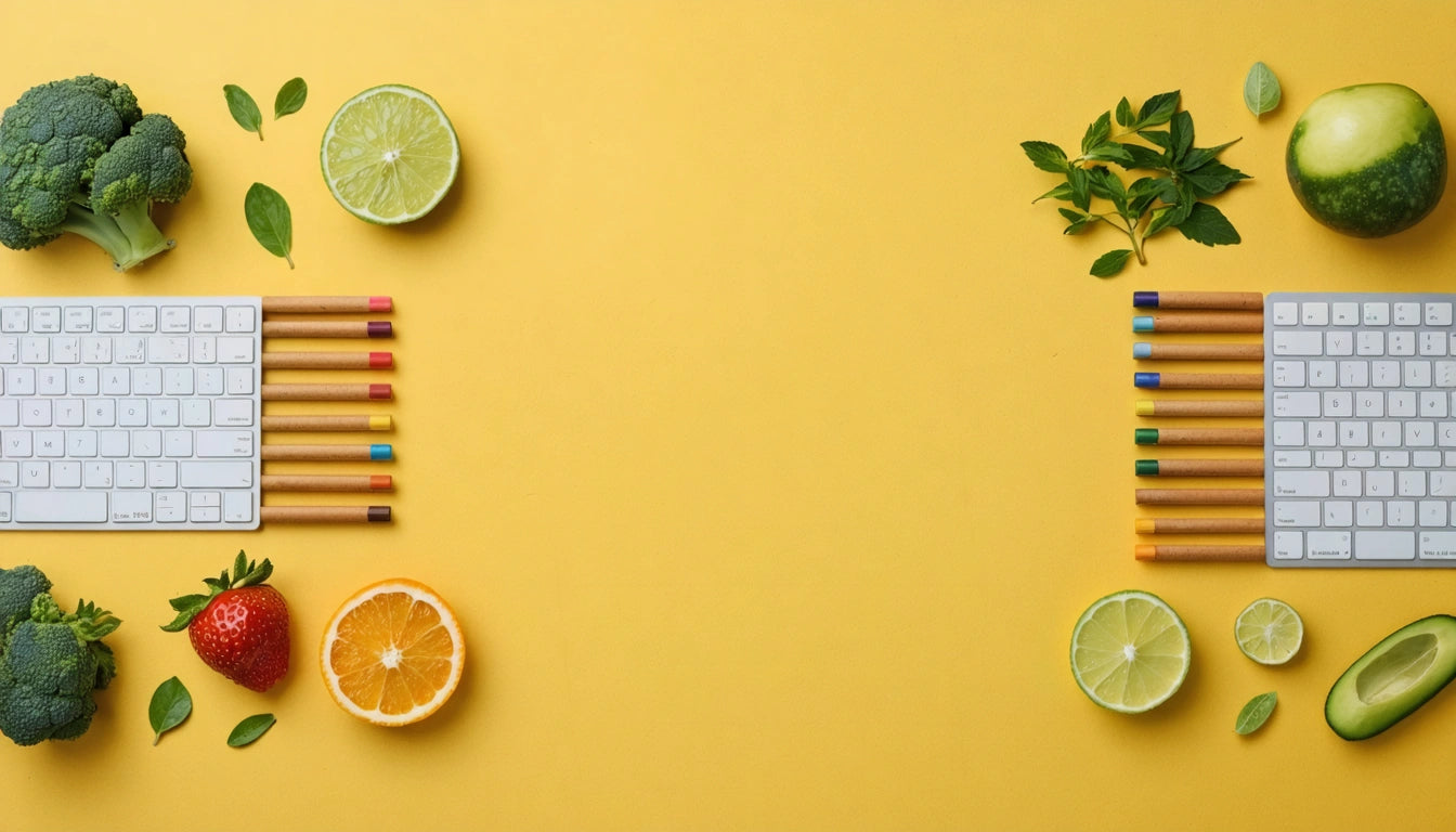 White keyboards, colored pencils, lime, orange, strawberry, broccoli, apple, and green leaves on a yellow background
