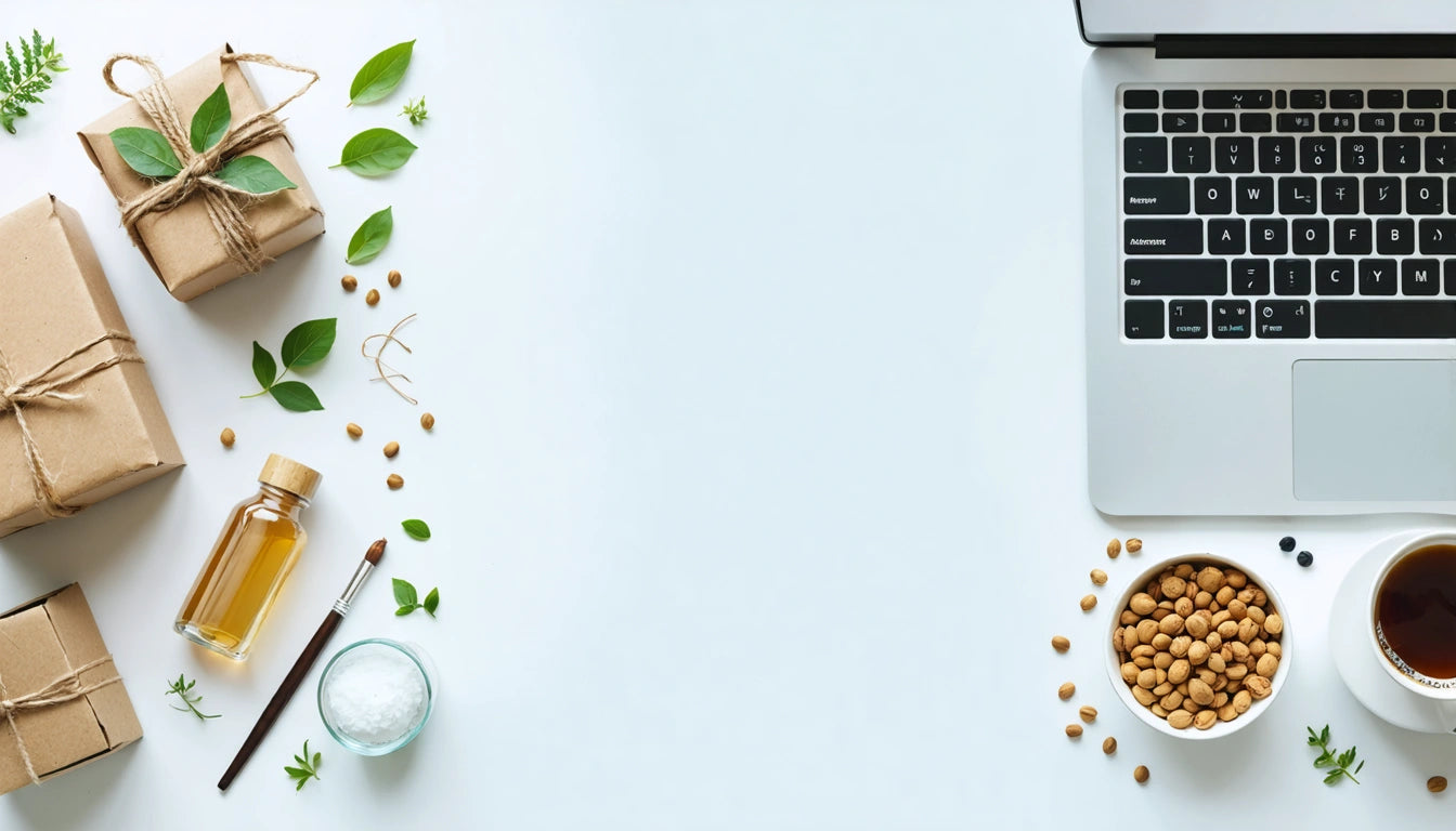 Laptop on white surface, coffee cup, soybeans, and leaves on right; wrapped gifts, oil bottle, and salt on left