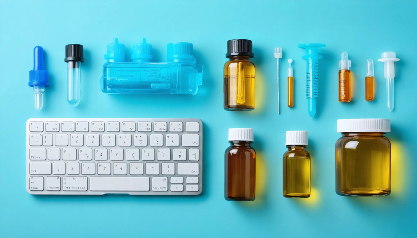 White keyboard and various bottles, syringes, and droppers on a blue background