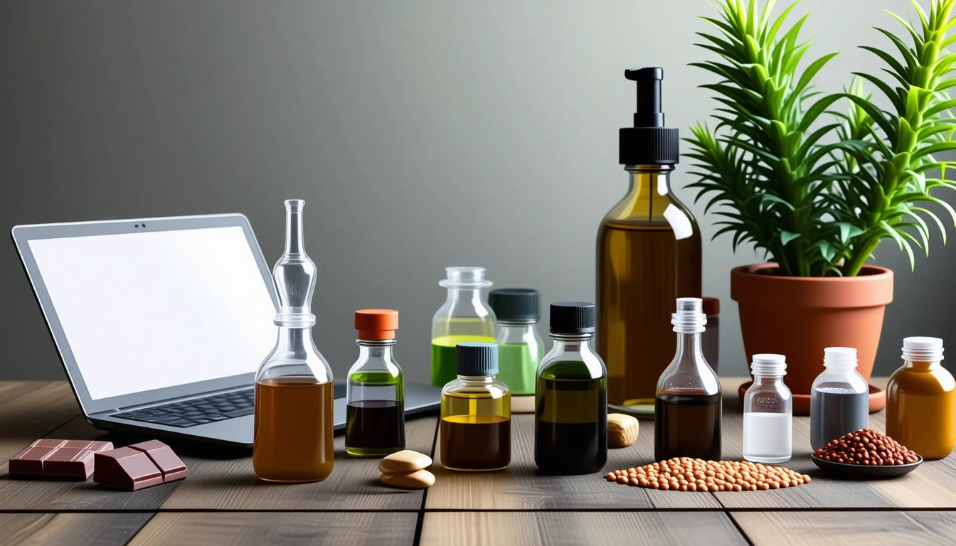 Laptop, various bottles with liquids, chocolate pieces, nuts, seeds, and a potted plant on a wooden table