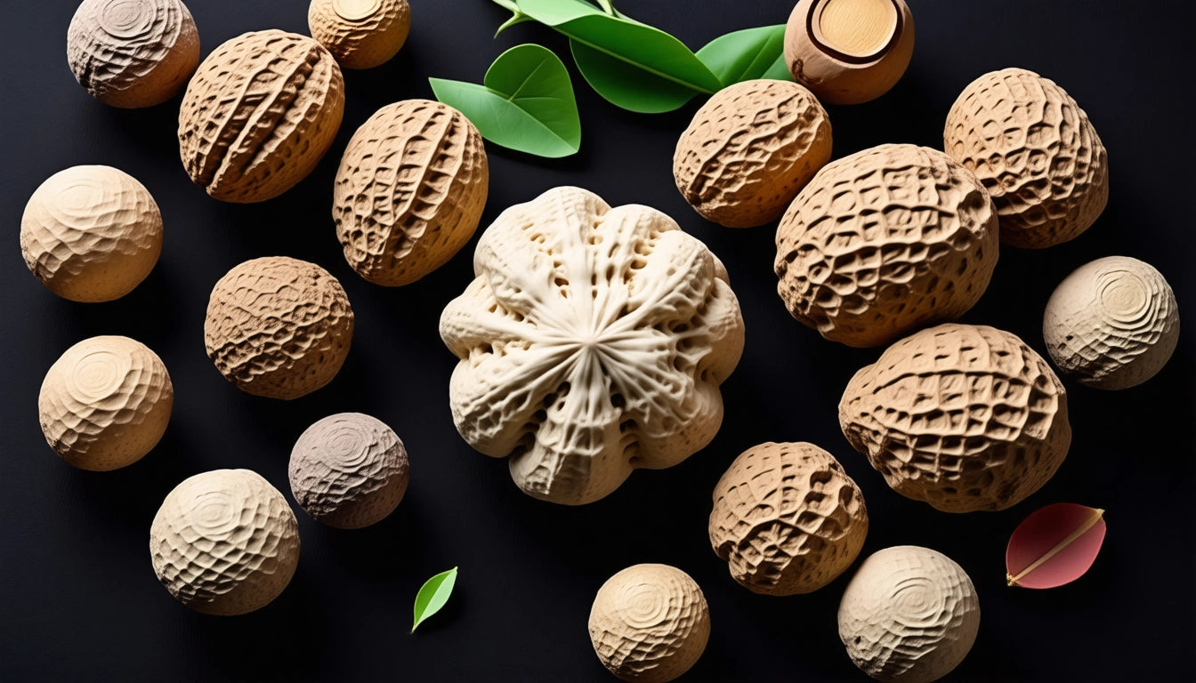 Various textured, spherical wooden objects and green leaves scattered on a dark surface