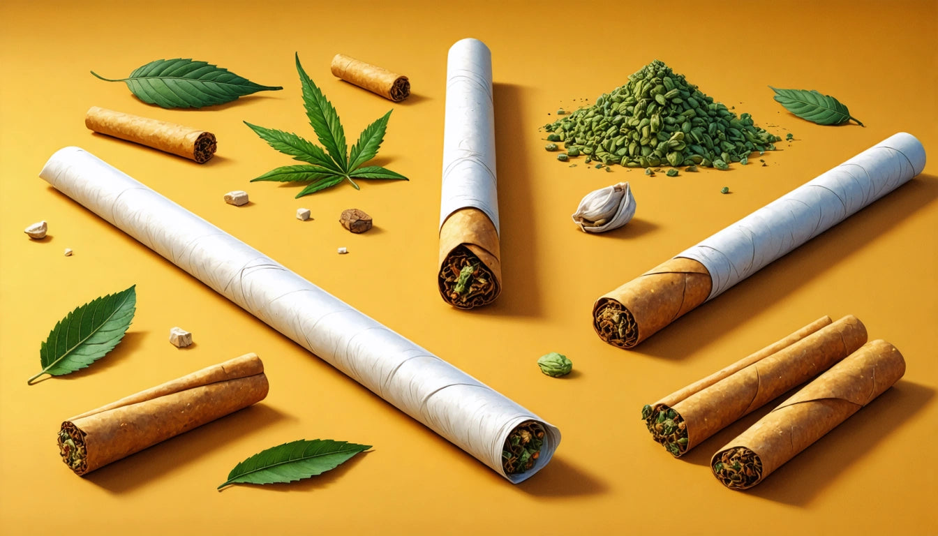 Rolled paper tubes with brown ends, green leaves, small white stones, and a pile of green herbs on a yellow surface