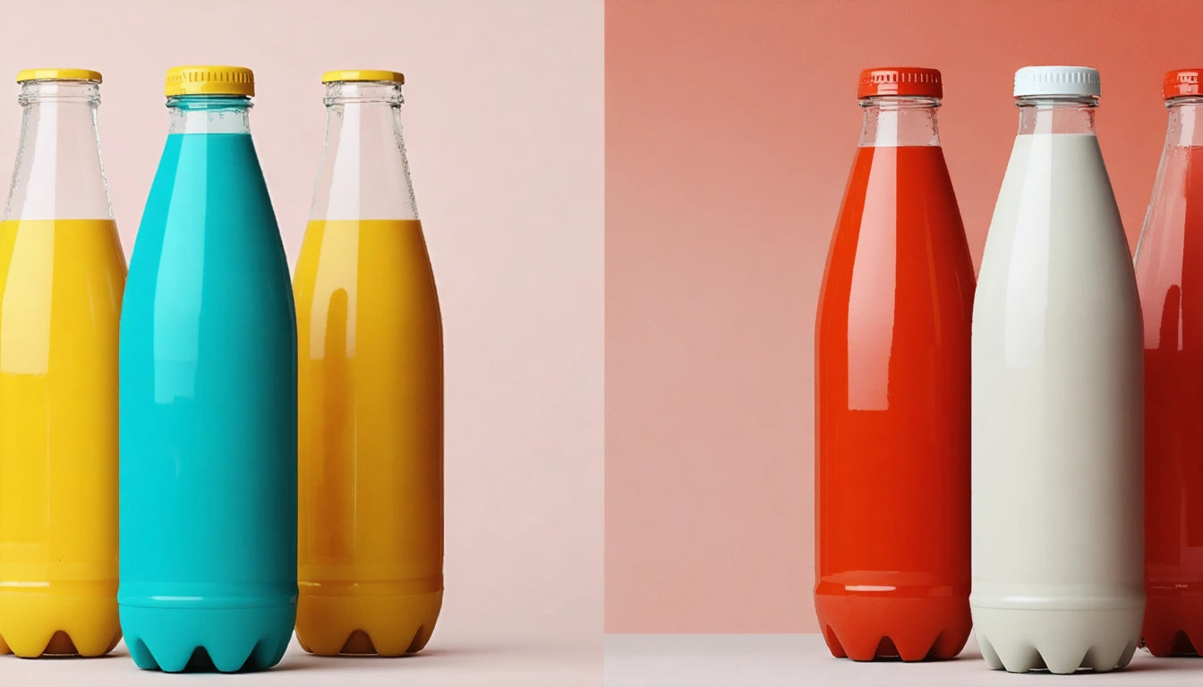 Four bottles with colorful liquids; two yellow, one teal, one red, and one white, against a gradient pink background