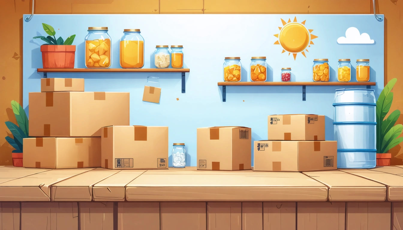 Cardboard boxes stacked on wooden counter, jars on shelves above, sun and cloud wall art, blue and orange color scheme