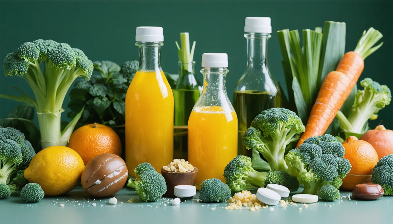 Bottles of orange juice and oil surrounded by broccoli, carrots, oranges, lemons, and pills on a green surface