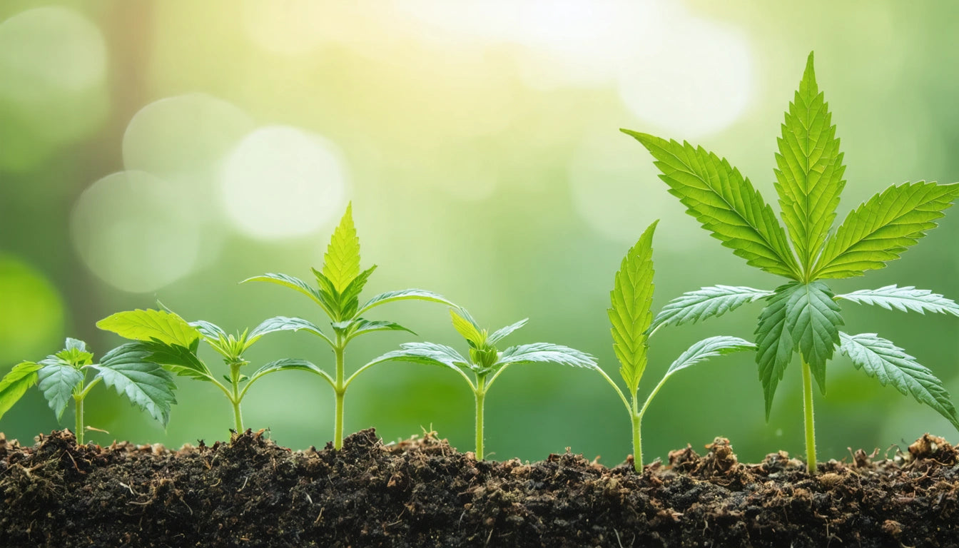 Five small green plants growing in soil with a blurred green and yellow background