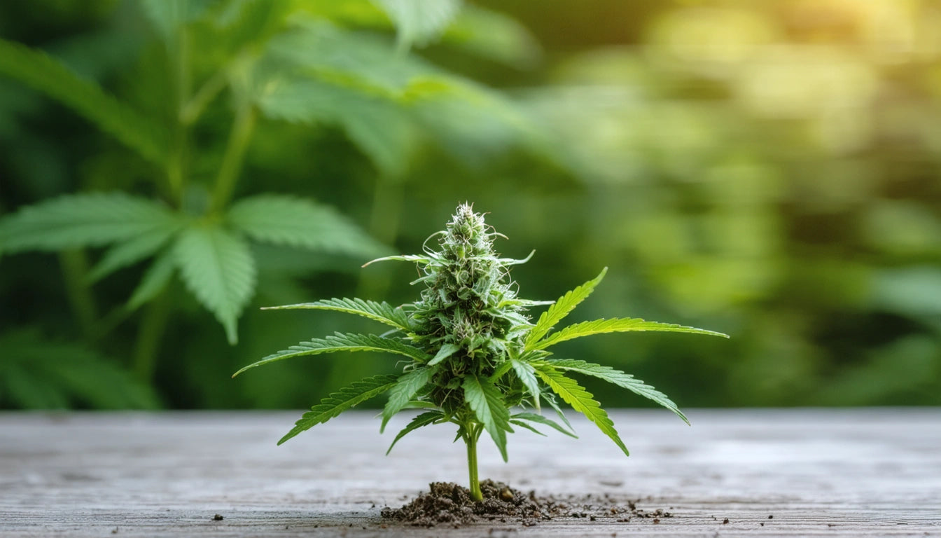 Small green plant with serrated leaves and a dense, spiky bud on a wooden surface, blurred greenery in the background