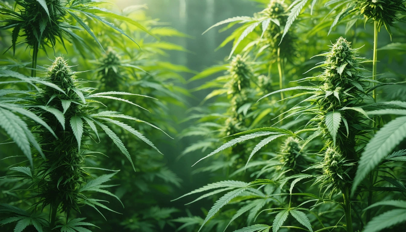 Dense green plants with pointed leaves and buds, sunlight filtering through, creating a lush and vibrant atmosphere