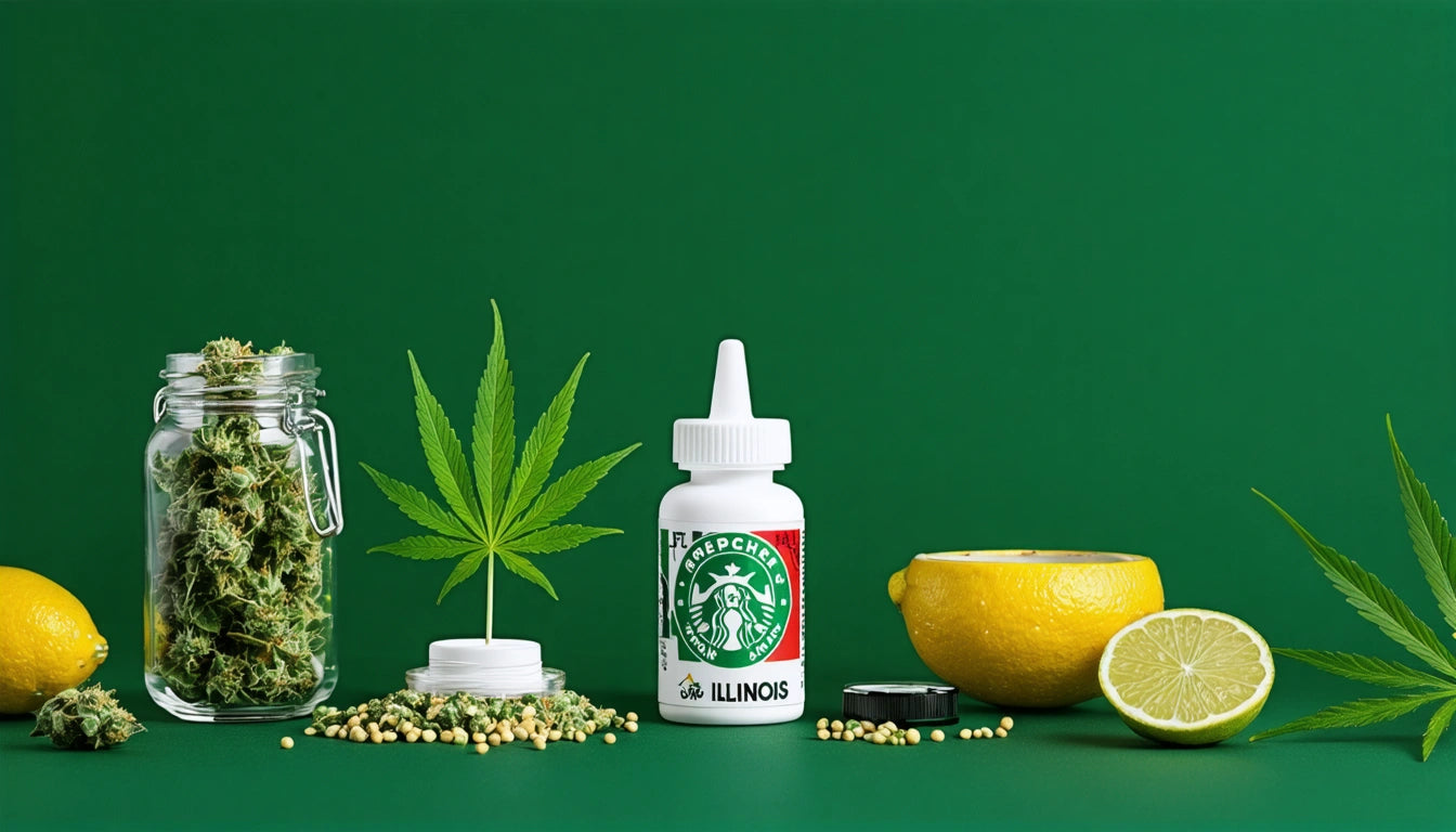Jar of dried herbs, cannabis leaf, white bottle, whole and halved lemons, peppercorns on green background