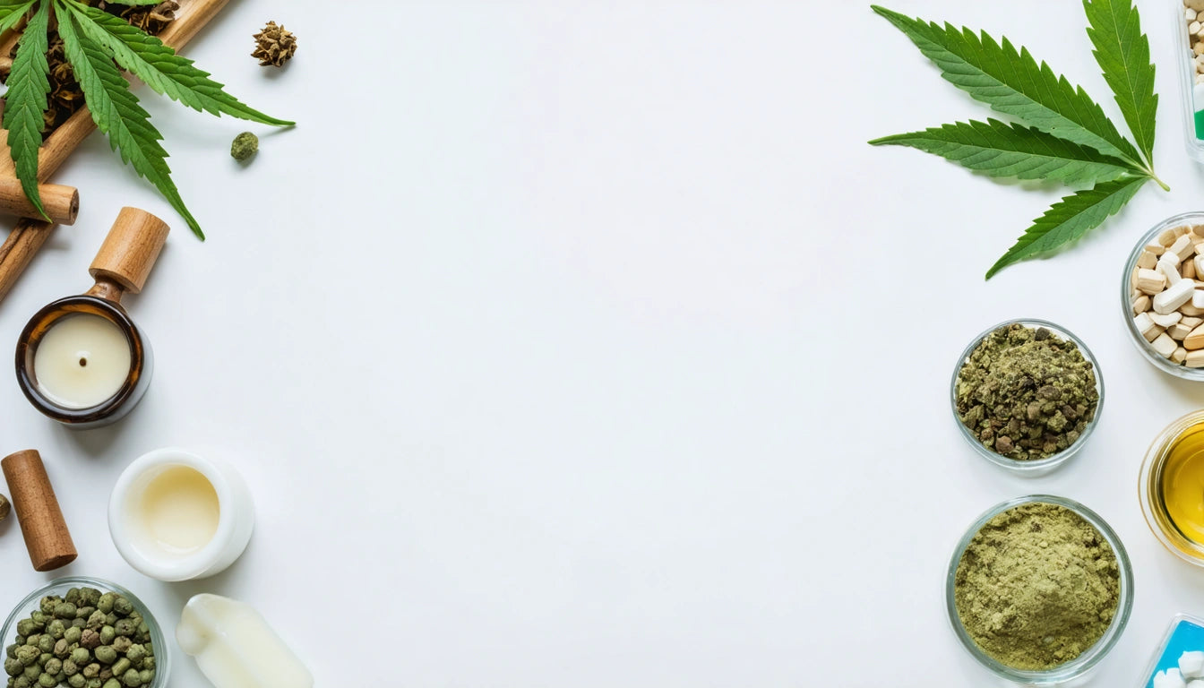 White background with green leaves, bowls of herbs, a candle, and pills arranged around the edges