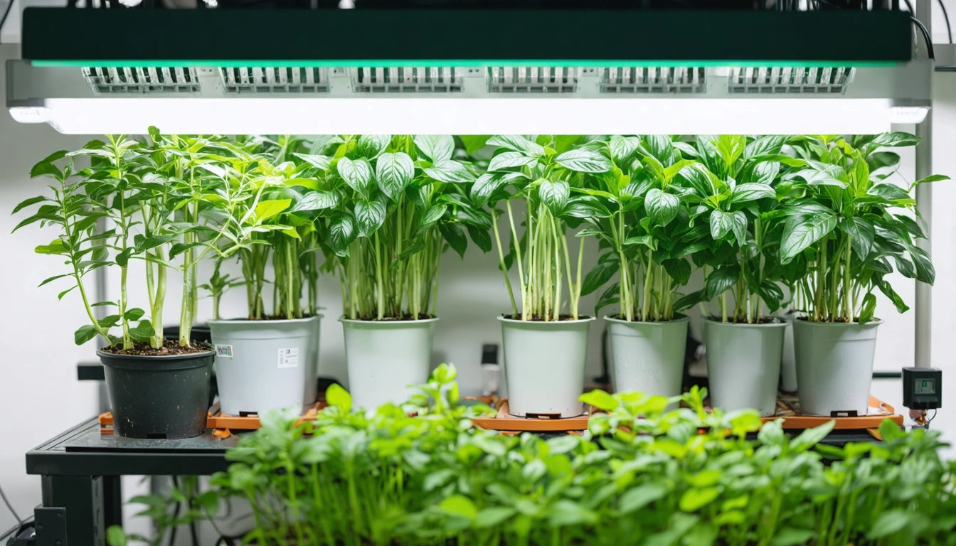 Potted green plants under bright fluorescent lights on a shelf, with more plants in the foreground