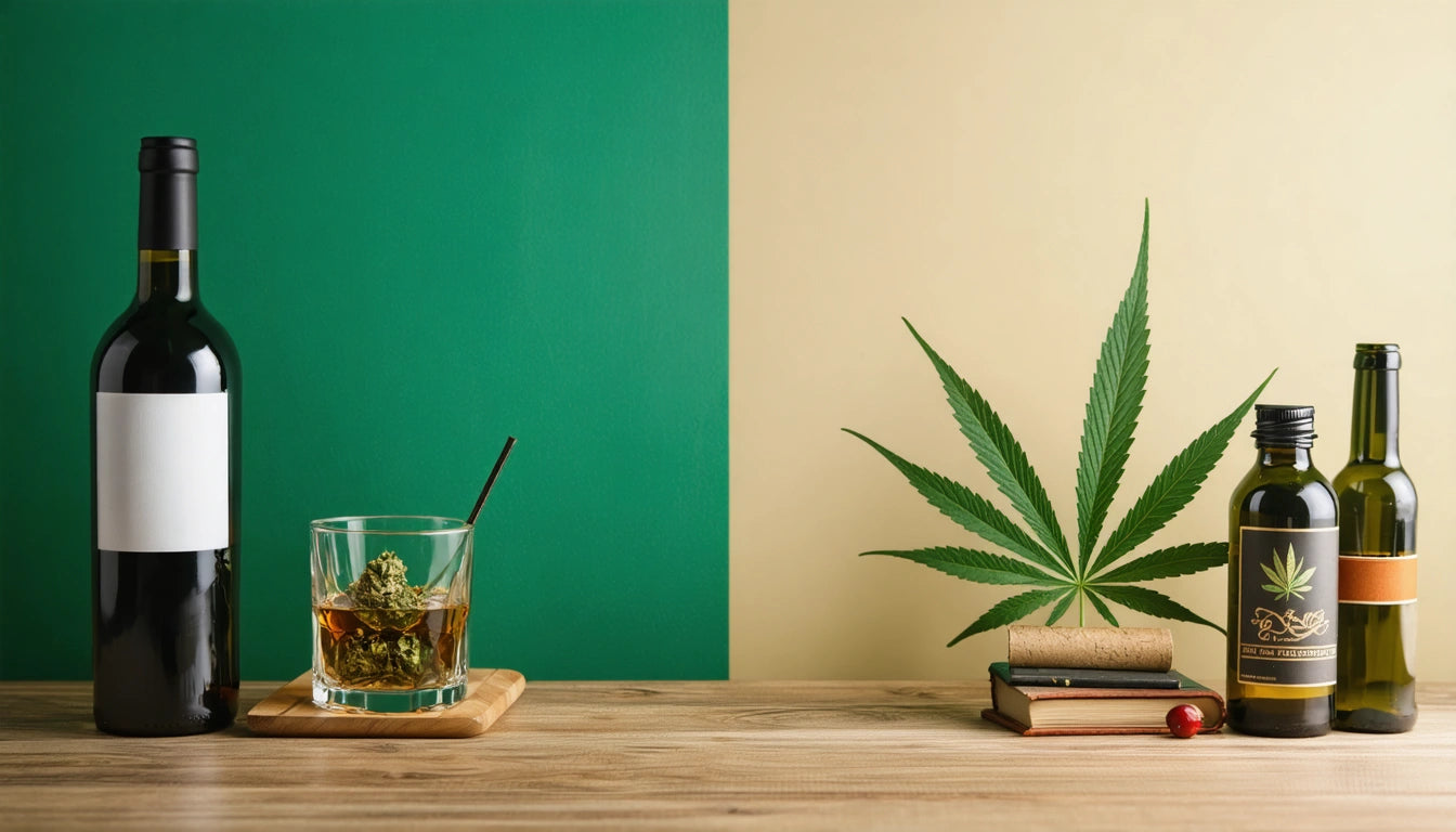 Wine bottle, glass with drink and cannabis bud, cannabis leaf, books, and two bottles on wooden table against green and beige background
