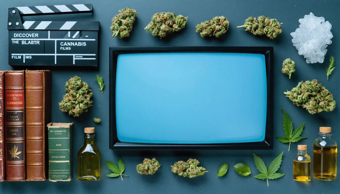 A blue screen surrounded by cannabis buds, a clapperboard, old books, glass bottles with liquid, and green leaves on a dark surface