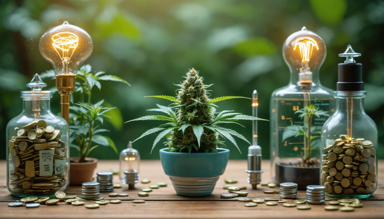 Potted plant surrounded by jars of coins and vintage light bulbs on a wooden table, with a blurred green background