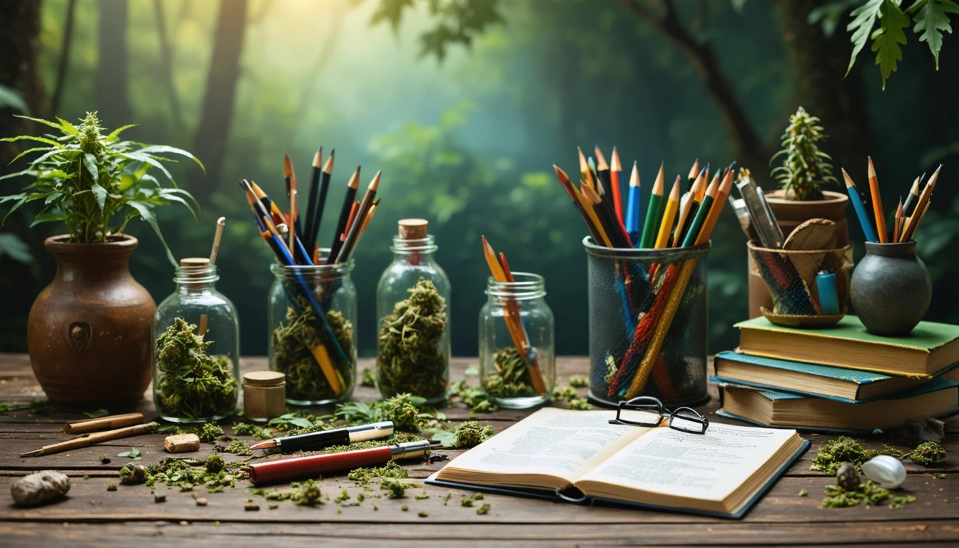 Open book on wooden table surrounded by jars of colored pencils, plants, and stacked books, with a forest background