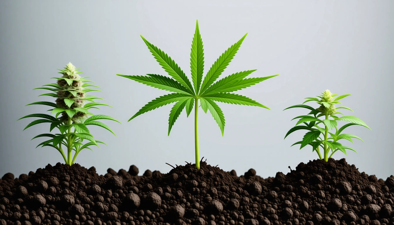 Green plant with seven pointed leaves in soil, flanked by two smaller plants with buds, against a light gray background