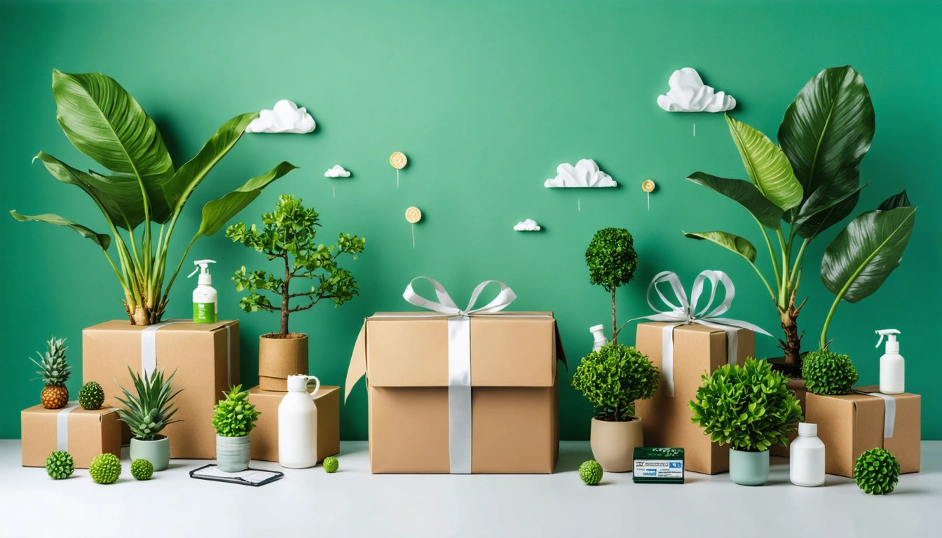 Cardboard boxes with white ribbons, surrounded by potted plants and small trees, against a green wall with cloud decorations