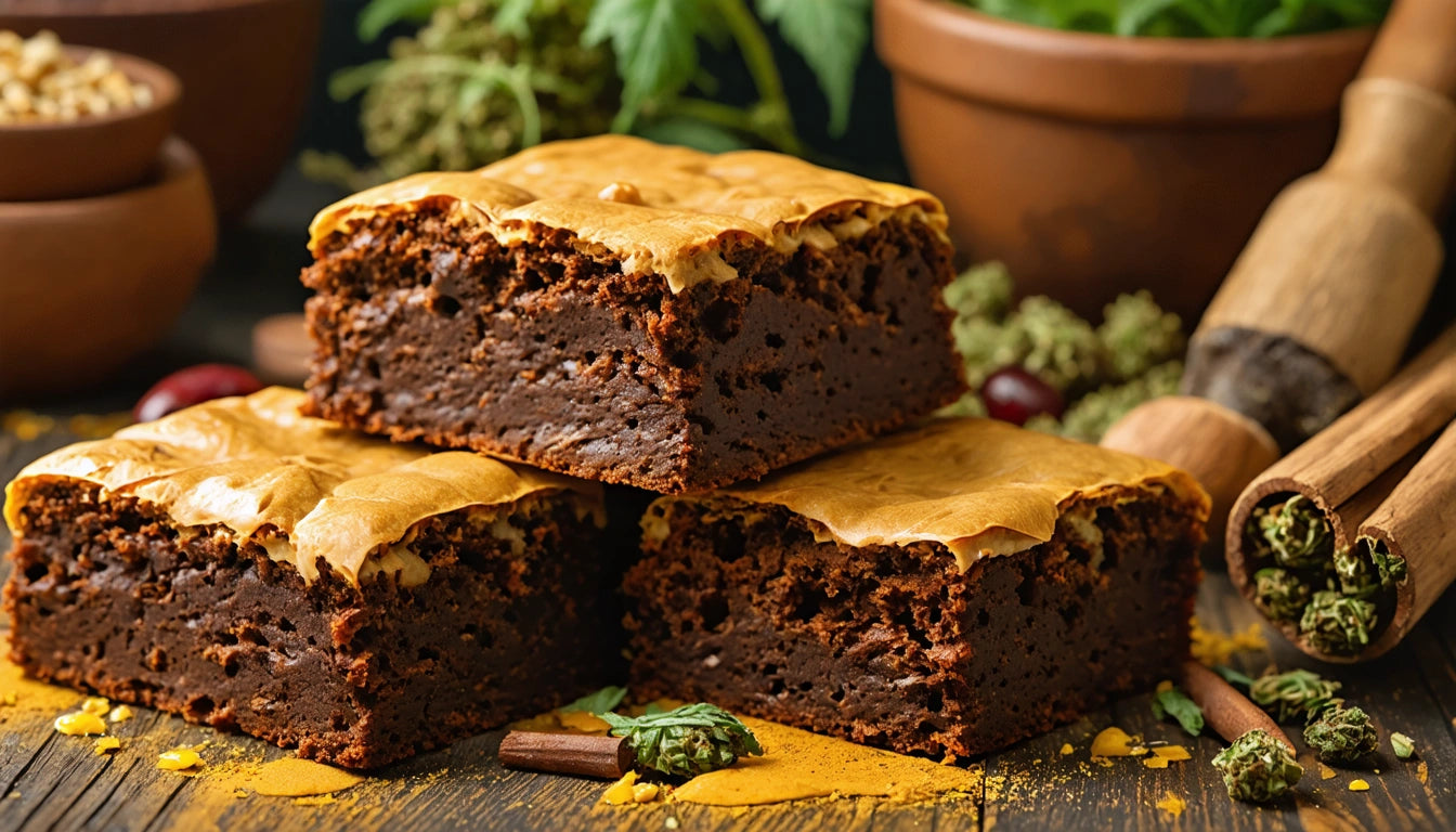 Three chocolate brownies stacked on a wooden surface, surrounded by cinnamon sticks and green leaves
