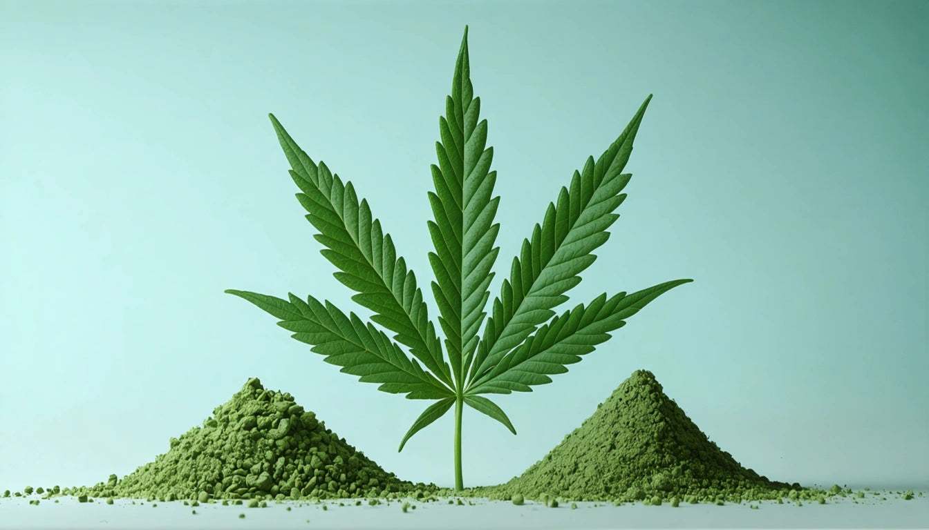 Green leaf with serrated edges centered between two mounds of green powder on a light background