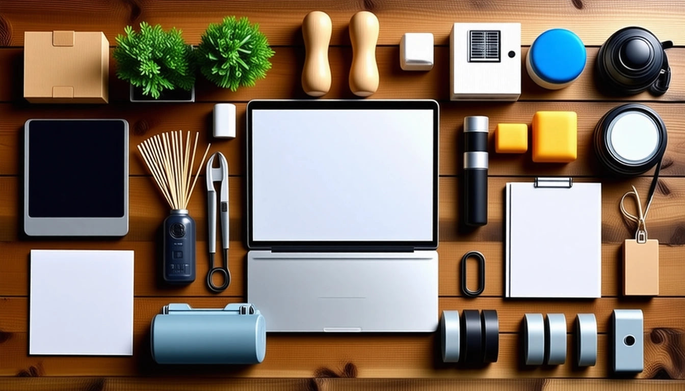 Laptop surrounded by various objects on wooden surface, including plants, camera lenses, notepad, and small boxes