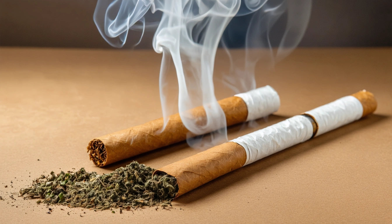 Two rolled cigarettes, one burning with smoke rising, next to a small pile of dried herbs on a brown surface
