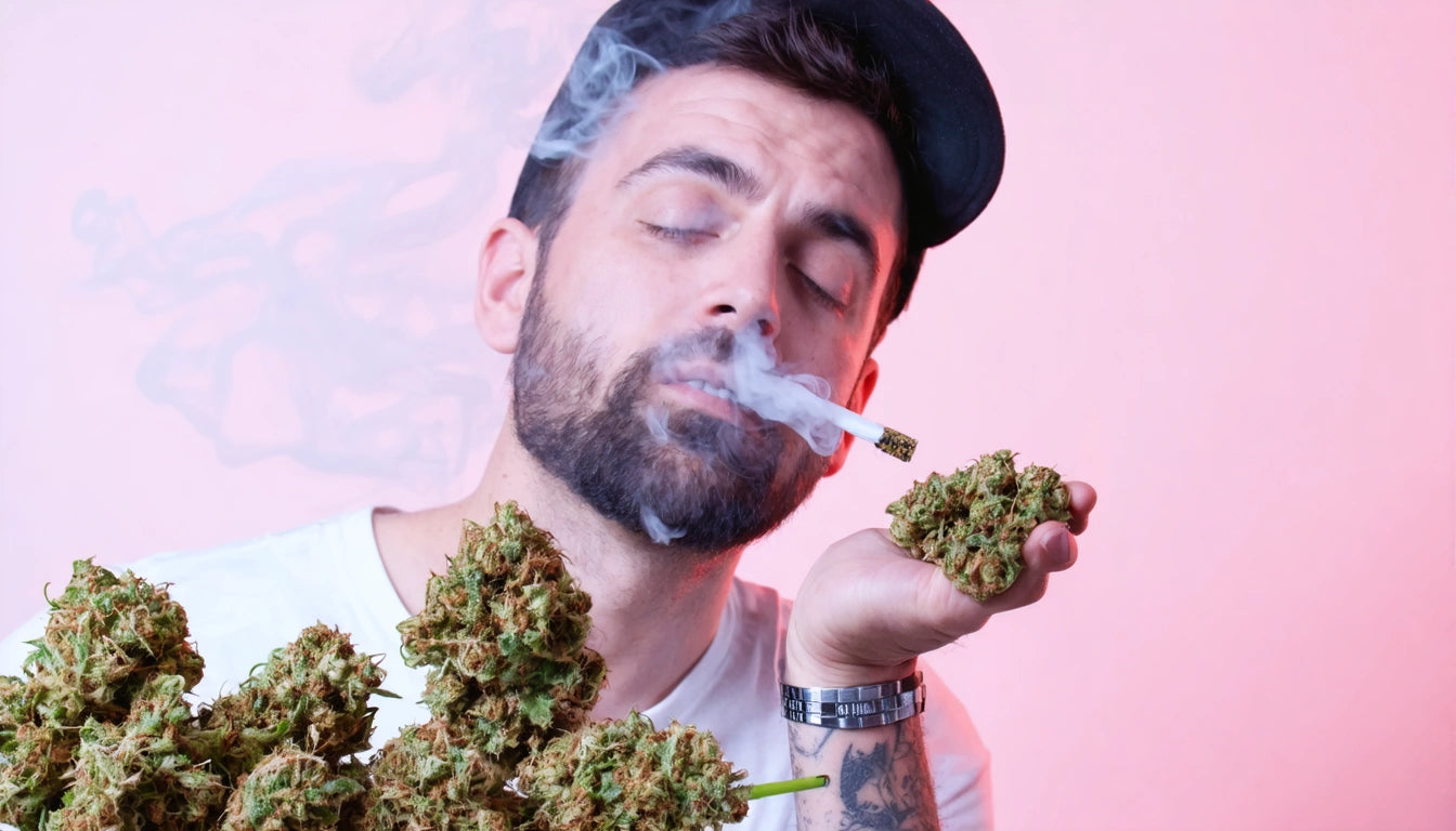 Man with a beard and cap blowing smoke, holding cannabis buds, pink background