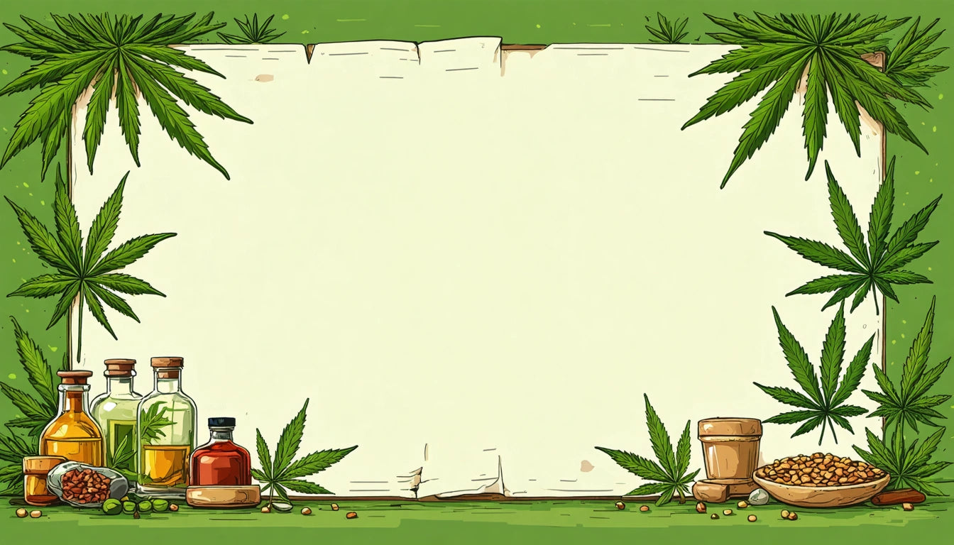Aged paper surrounded by cannabis leaves, bottles, and a wooden container with seeds on a green background
