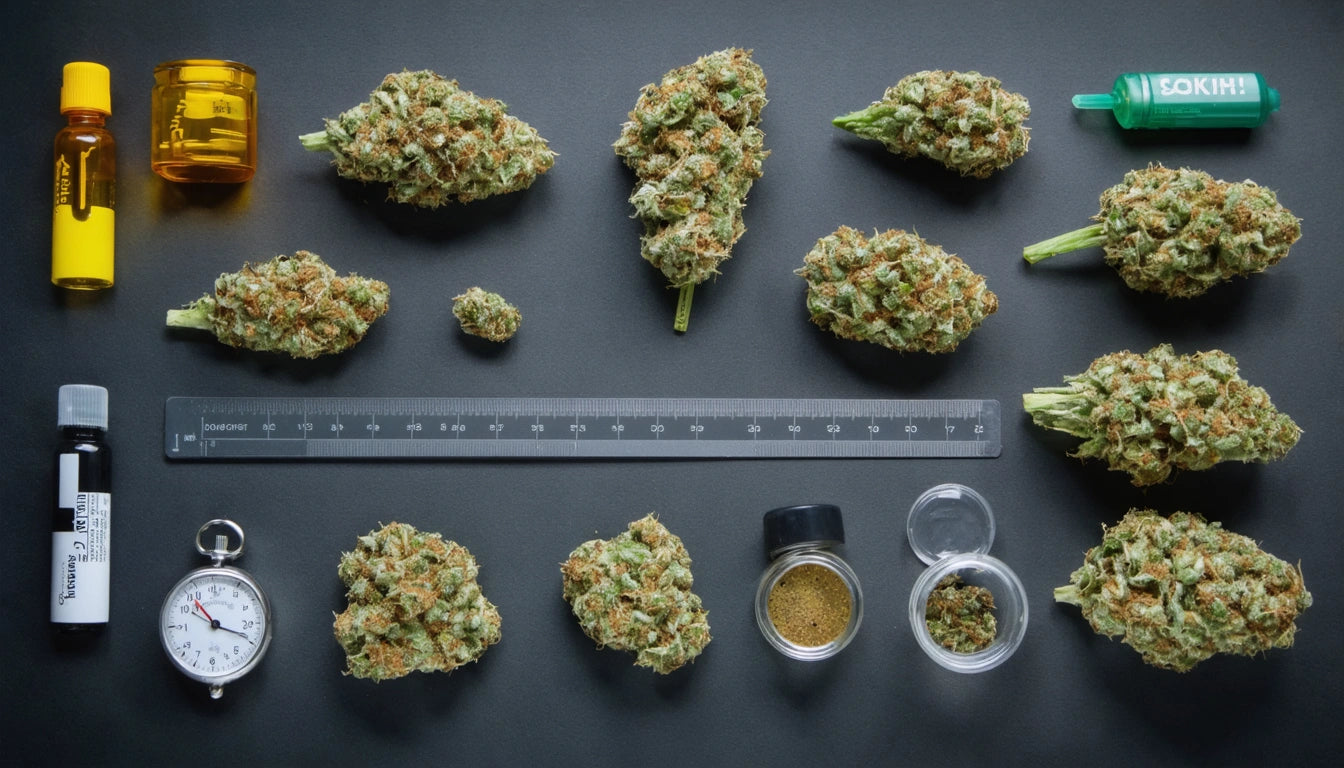 Dried green and orange plant buds arranged with small containers, a ruler, a stopwatch, and two cylindrical bottles on a dark surface