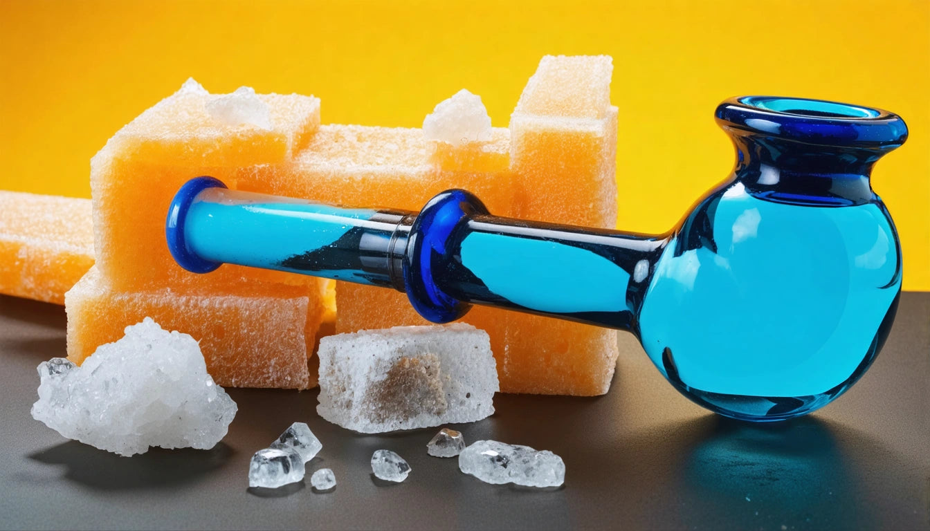 Blue glass pipe resting on orange and white sugar cubes against a yellow background