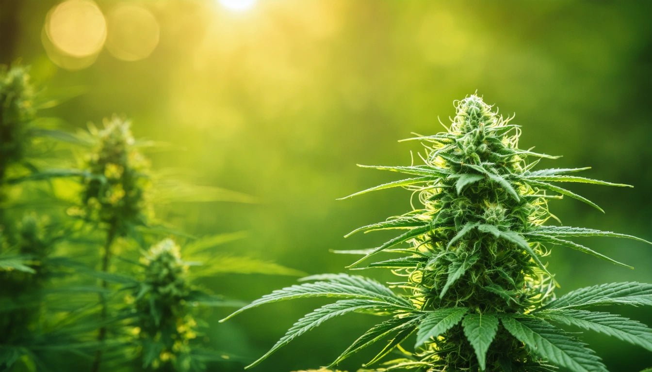 Sunlit green plant with spiky leaves and dense, textured buds in a blurred natural background