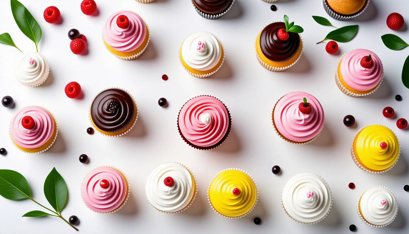 Cupcakes with swirled frosting in pink, white, yellow, and chocolate, surrounded by raspberries, cherries, and green leaves on white background