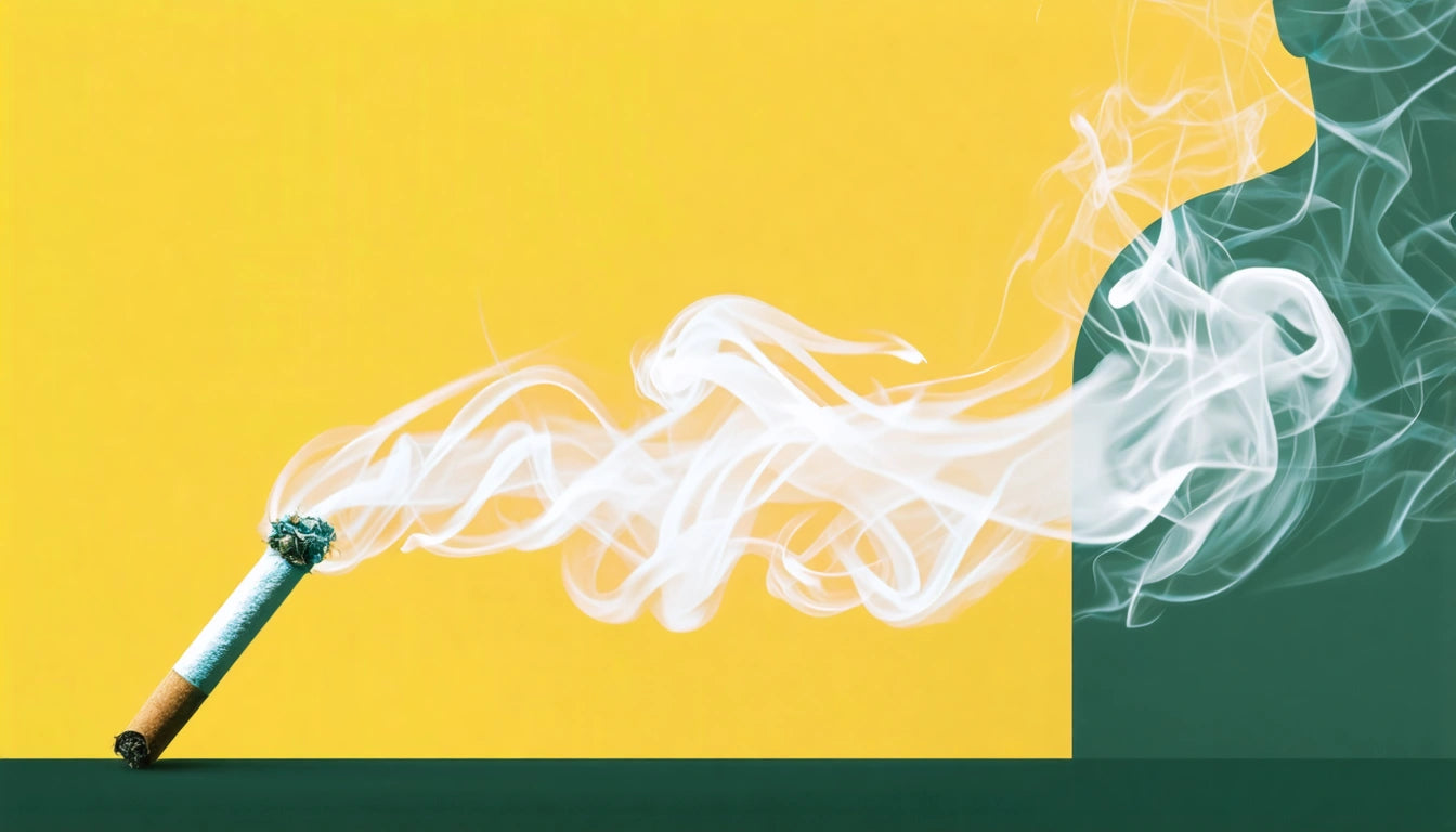 Lit cigarette on green surface with smoke swirling against a yellow and green background