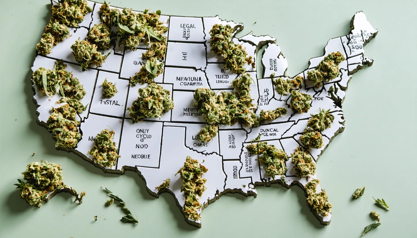 Map of the United States with cannabis buds placed on each state, set against a light green background