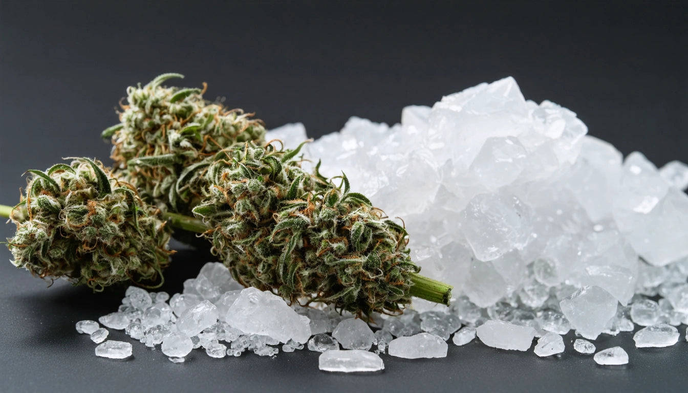 Two green, spiky plant buds next to a pile of clear, jagged ice chunks on a dark surface