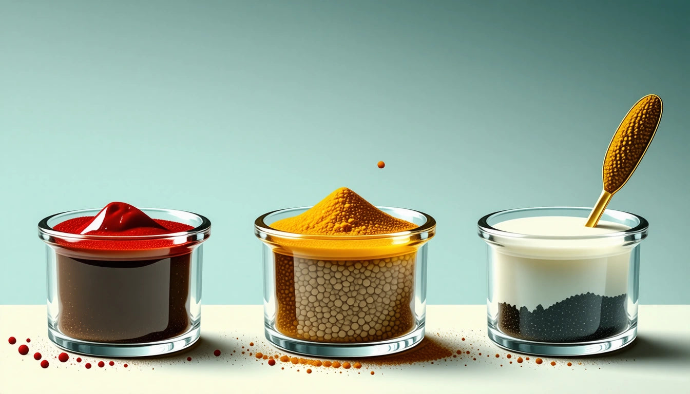 Three glass jars on a surface: red liquid, yellow powder, and white cream with a spoon. Scattered powder and droplets around