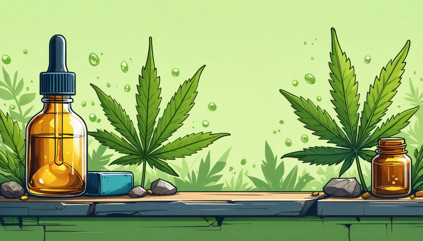 Amber dropper bottle and small jar on wooden surface, two large green leaves in background, green bubbles floating around