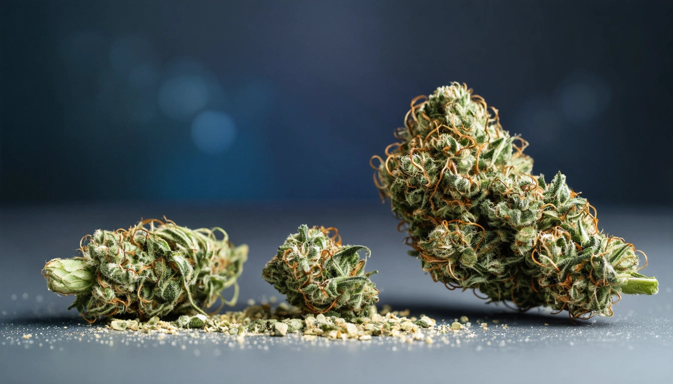 Three cannabis buds with orange hairs on a dark surface, blurred blue background