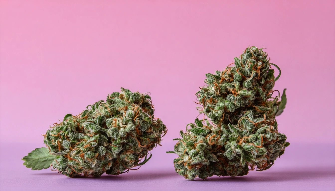 Two green, textured plant buds with orange strands on a pink and purple gradient background