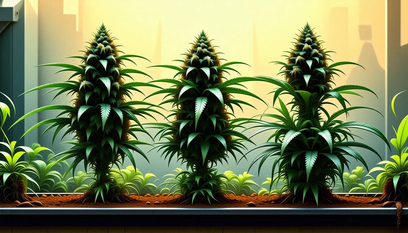 Three tall, lush green plants with pointed leaves in a row, set against a soft, warm gradient background