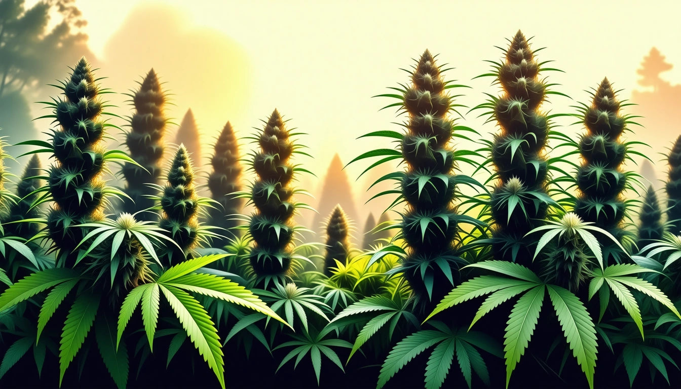 Tall, dense plants with spiky leaves and clusters of buds, set against a hazy, sunlit background