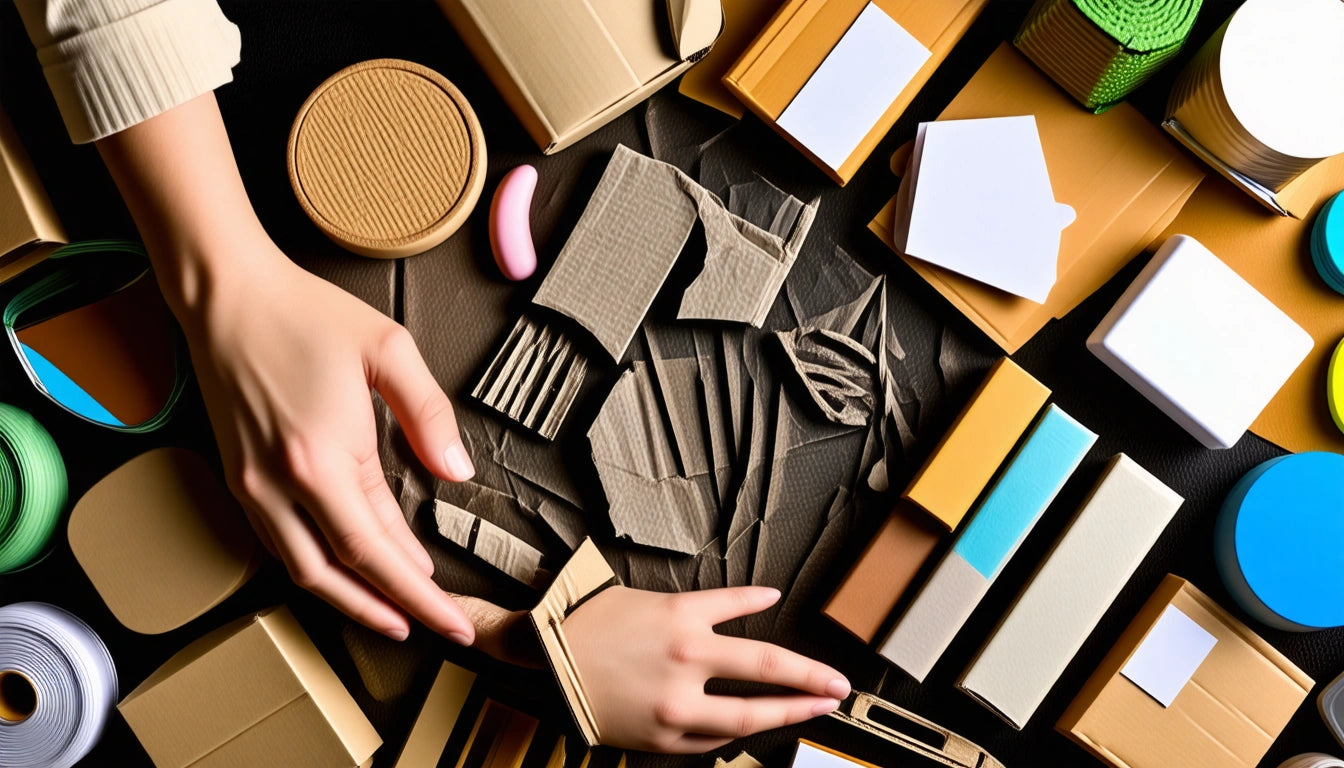 Hands arranging various cardboard shapes and colorful packaging materials on a dark surface