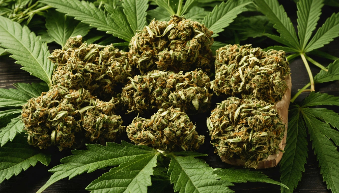 Green cannabis buds piled on wooden surface, surrounded by large cannabis leaves