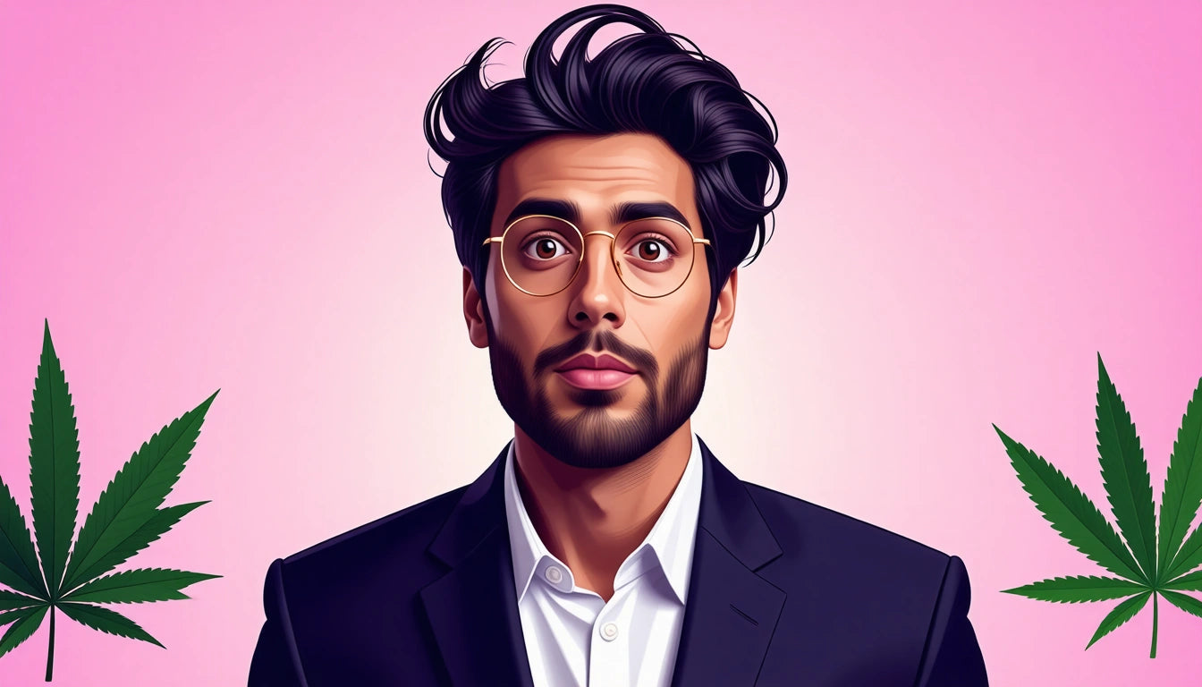 Man with glasses and dark hair in a suit, pink background, two green leaves on sides