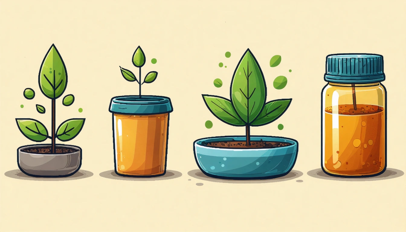 Four potted plants with green leaves, each in different colored pots, next to a jar with an orange liquid
